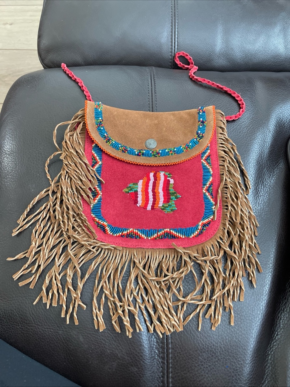 Boho Red Suede Fringe Crossbody Bag with Beadwork
